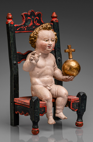 Lot 6408, Auction  117, Alpenländisch, 18. Jh. Sitzendes Christuskind als Weltenrichter auf einem gefasstem Stuhl
