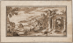 Lot 6546, Auction  117, Verhaecht, Tobias, Weite Gebirgslandschaft mit Ruinen und Blick auf eine Stadt am Flussufer