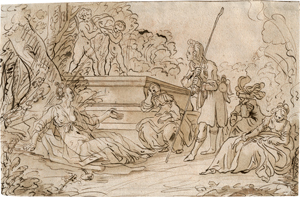 Lot 6571, Auction  117, Französisch, um 1750. Elegante Gesellschaft an einem Brunnen rastend 