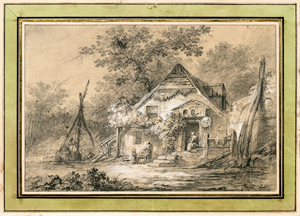 Lot 6599, Auction  117, Französisch, 18. Jh. . Dörfliche Szene mit Bauernhaus und Ziehbrunnen