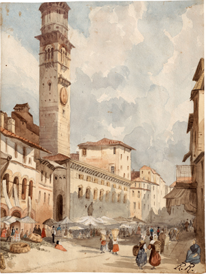 Lot 6714, Auction  117, Deutsch, um 1860. "Palazzo della Ragione": Markt auf der Piazza delle Erbe in Verona