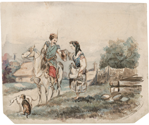 Lot 6727, Auction  117, Brandt, Józef, Junge Bäuerin reicht einem Kosak zu Pferd Wasser