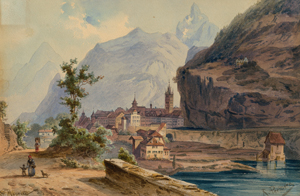 Lot 6971, Auction  117, Perlberg, Friedrich, Blick über die Rhône auf St. Maurice im Wallis
