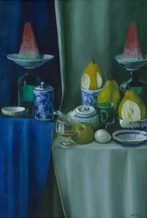 Lot 8269, Auction  117, Feinstein, Pavel, Stilleben mit blau gemustertem Porzellan, Wassermelone und Birnen