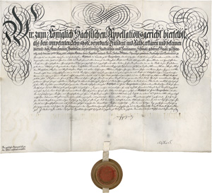 Lot 201, Auction  118, Ringenhain, Erbschaftsurkunde des Sächsischen Appelationsgerichts zum Bautzen 