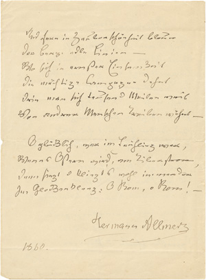 Lot 2001, Auction  118, Allmers, Hermann, Signiertes Gedichtmanuskript