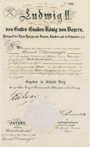 Lot 2119, Auction  118, Ludwig II., König von Bayern, Offizierspatent 1870