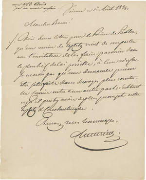 Lot 2153, Auction  118, Metternich, Clemens Wenzel Fürst von, Brief 1839