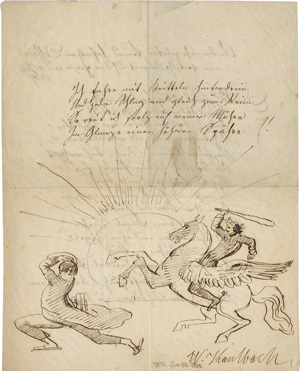 Lot 2190, Auction  118, Kaulbach, Wilhelm von, Sign. Gedicht mit Federzeichnung