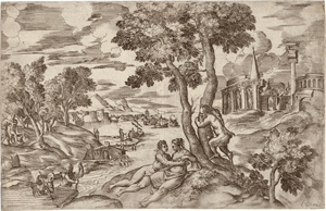 Lot 5011, Auction  118, Angolo, Giovanni Battista d' - zugeschrieben, Landschaft mit Liebespaar von einem Satyr gestört