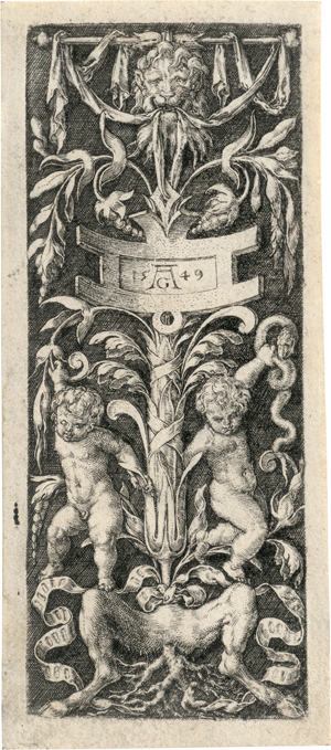 Lot 5398, Auction  118, Aldegrever, Heinrich, Ornament mit nackten Putti über Satyrbeinen