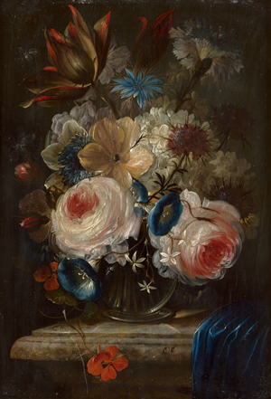 Lot 6047, Auction  118, Deutsch, frühes 19. Jh. Blumenbouquet mit gefüllten Rosen, Winden und Kapuzinerkresse