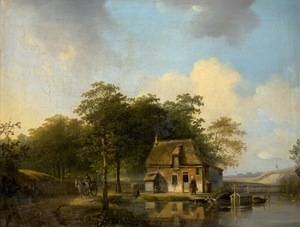 Lot 6054, Auction  118, Stok, Jacobus van der, Abendliche Landschaft mit Fischerhäuschen an einem See