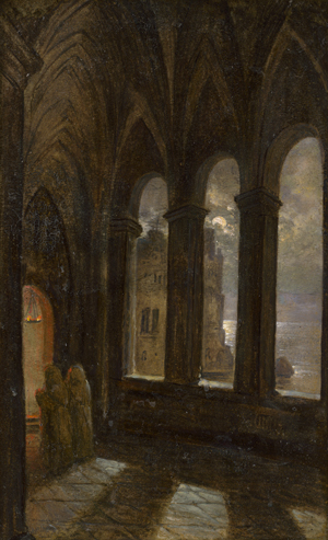 Lot 6063, Auction  118, Catel, Franz Ludwig, Zwei Mönche in einem Kreuzgang mit Ausblick durch gotische Fensteröffnungen auf eine Schlossarchitektur am Meer bei Mondschein