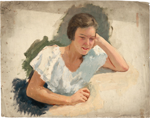 Lot 6188, Auction  118, Seeger, Hermann, Studie einer liegenden, jungen Frau im blauweißen Kleid. 