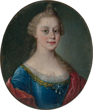 Lot 6458, Auction  118, Italienisch, um 1730/1740. Miniatur Portrait eines Mädchens mit Veilchen im gepuderten Haar, in blauem Kleid