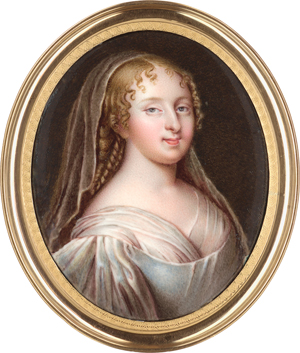Lot 6465, Auction  118, Französisch, 1. Hälfte des 19. Jahrhunderts. Emaille Miniatur Portrait der Madame de Sévigné mit Schleier