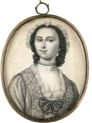 Los 6474 - Ferguson, James - Portrait Miniatur einer jungen Frau mit Spitzenhäubchen, Perlenhalskette und am Dekolleté Schleife - 0 - thumb