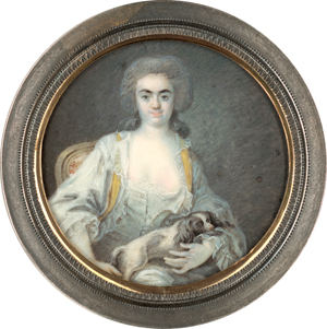 Los 6479 - Französisch - um 1780/1785. Miniatur Portrait einer jungen Frau in weißem Kleid, einen King Charles Spaniel auf dem Schoß haltend - 0 - thumb