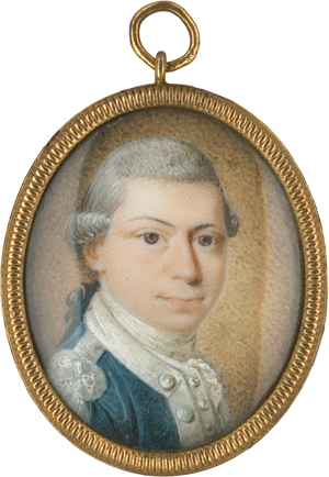 Lot 6485, Auction  118, Amerikanisch, um 1780. Miniatur Portrait eines jungen Offiziers in blauer Jacke mit Silberepauletten