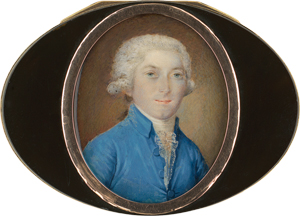 Lot 6486, Auction  118, Französisch, um 1785/1790. Miniatur Portrait eines jungen Mannes mit gepuderter Perücke, in hellblauer Jacke, plus Beigabe