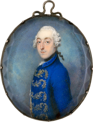 Lot 6488, Auction  118, Preussisch, um 1750. Miniatur Portrait eines Mannes mit gepuderter Perücke, in goldbestickter blauer Jacke