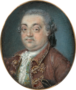 Lot 6490, Auction  118, Französisch, um 1760/1770. Miniatur Portrait eines Mannes in goldbestickter altrosa Jacke und grüner Weste