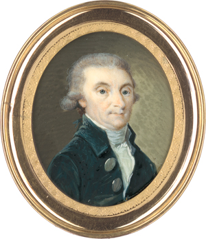 Lot 6492, Auction  118, Französisch, um 1775. Miniatur Portrait eines Mannes in goldbestickter hellbrauner Jacke, plus 2 Beigaben: Mann in Blau, drei Portraits