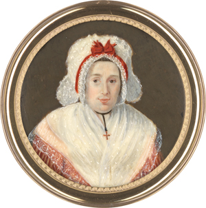 Lot 6494, Auction  118, Französisch, um 1790. Miniatur Portrait einer Frau mit roter Schleife in ihrer weißen Haube, plus Beigabe: Mann