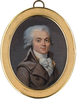 Lot 6499, Auction  118, Französisch, um 1793. Miniatur Portrait des Maximilien de Robespierre in hellbrauner Jacke mit ockergelber Weste