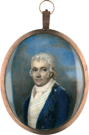 Lot 6510, Auction  118, Britisch, um 1800/1805. Miniatur Portrait eines jungen Mannes in blauer Jacke, vor Wolkenhintergrund