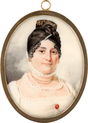 Lot 6516, Auction  118, Britisch, um 1808. Miniatur Portrait einer jungen Frau in Weiß, mit Schildpattkamm im Haar