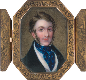 Lot 6518, Auction  118, Britisch, um 1830/1840. Miniatur Portrait eines jungen Mannes in schwarzer Jacke mit weiß gepunkteter blauer Halsbinde