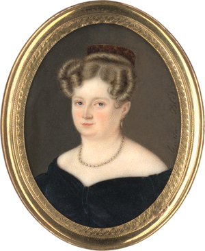 Lot 6523, Auction  118, Blés (auch Blès), Gustave, Miniatur Portrait einer jungen Frau in schwarzem Kleid mit Perlenschmuck, plus Beigabe: junger Mann