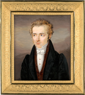 Lot 6527, Auction  118, Johns, Henri, Miniatur Portrait eines blondgelockten jungen Mannes in schwarzer Jacke mit brauner Weste und geknoteter weißer Halsbinde