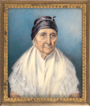 Lot 6528, Auction  118, Sawkins, James Gay, Miniatur Portrait einer älteren Frau mit "tignon", in gelbem Kleid mit weißem Schultertuch