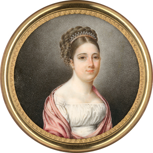 Lot 6531, Auction  118, Französisch, um 1815. Miniatur Portrait einer jungen Frau mit Perlendiadem im Haar, in weißem Kleid mit rosa Schal