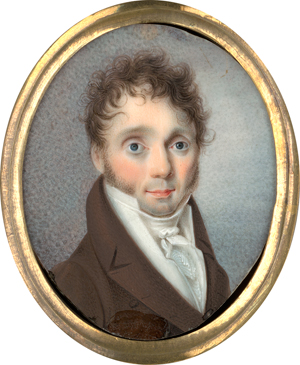 Lot 6532, Auction  118, Deutsch, um 1810/1815. Miniatur Portrait eines jungen Mannes mit Windstoßfrisur, in brauner Jacke; plus Paar als Beigabe
