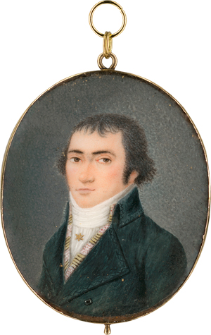 Lot 6534, Auction  118, Deutsch, um 1795/1800. Miniatur Portrait eines jungen Mannes mit sternförmiger goldener Krawattennadel, in dunkelblauer Jacke