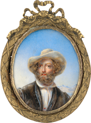 Lot 6535, Auction  118, Europäisch, um 1840. Miniatur Portrait eines bärtigen jungen Mannes mit Schlapphut, vor Gebirge 