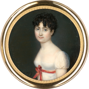 Lot 6546, Auction  118, Dagoty, Pierre-Édouard, Miniatur Portrait einer jungen Frau in weißem Kleid mit rotem Gürtelband