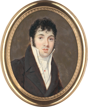 Lot 6549, Auction  118, Französisch, um 1810/1815. Miniatur Portrait eines jungen Mannes mit schwarzen Locken und Koteletten, in auberginebrauner Jacke, plus Mann 