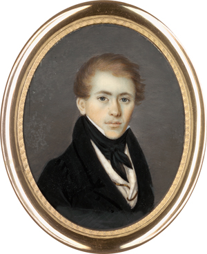 Lot 6551, Auction  118, Deutsch, um 1820/1830. Miniatur Portrait eines rotblonden jungen Mannes in schwarzer Jacke und Halsbinde; plus Beigabe: Mann in Blau
