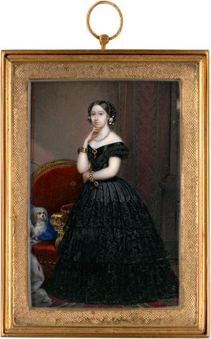 Lot 6562, Auction  118, Deutsch, um 1850. Miniatur Portrait in Ganzfigur einer stehenden jungen Adeligen in schwarzem Kleid mit Hund