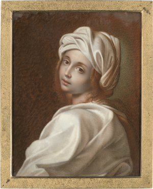 Lot 6563, Auction  118, Italienisch, um 1820. Miniatur Portrait der Beatrice Cenci mit weißem Turban, über ihre linke Schulter blickend