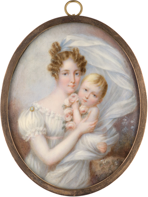 Lot 6573, Auction  118, Dubourg, Augustin - nach, Miniatur Portrait eines jungen Mannes in blauer Jacke; plus Miniatur Portrait der Königin Hortense mit Kaiser Napoleon III. als Baby