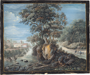 Lot 6605, Auction  118, Deutsch, um 1600. Flusslandschaft mit Dorf, rechts ein Eselstreiber