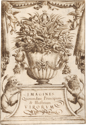 Lot 6637, Auction  118, Spada, Valerio, Entwurf zu einem Titelblatt mit Blumenbouquet, Putti und zwei Löwen