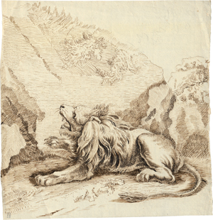 Lot 6675, Auction  118, Winterhalder d. Ä., Josef - zugeschrieben, Vor einer Felswand liegender Löwe