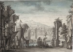 Los 6685 - Italienisch - um 1700. Bühnenentwurf mit antiken Ruinen und einem Feldlager - 0 - thumb